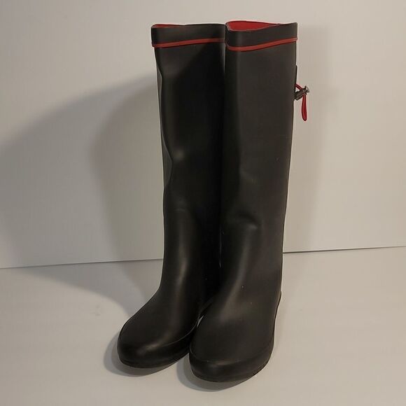 Henry Ferrera Tall Blk/Red Drawstring Rain Boots Ladies Size 8 - Picture 5 of 6